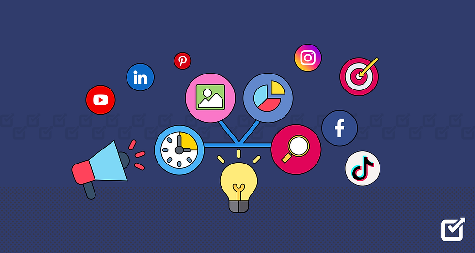 Social media icons and a light bulb are connected over a blue background. A megaphone, clock, and charts symbolize communication and time.