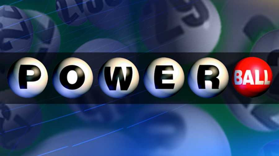 Lottery balls with the text "POWERBALL" are displayed. "POWER" is on white balls, "BALL" on a red ball. Background has blurred numbers.