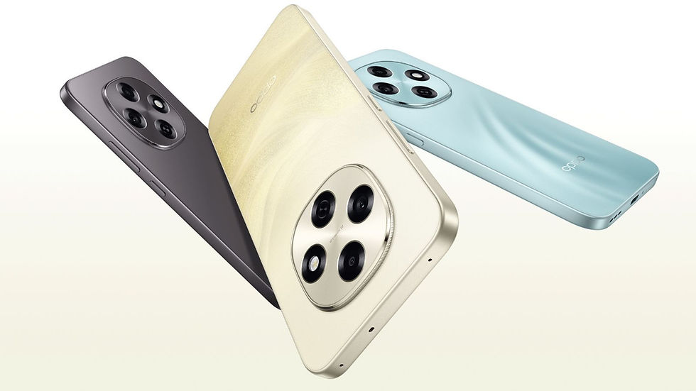Three smartphones in beige, black, and blue with a focus on camera lenses, floating against a simple gradient background. "Oppo" logo visible.