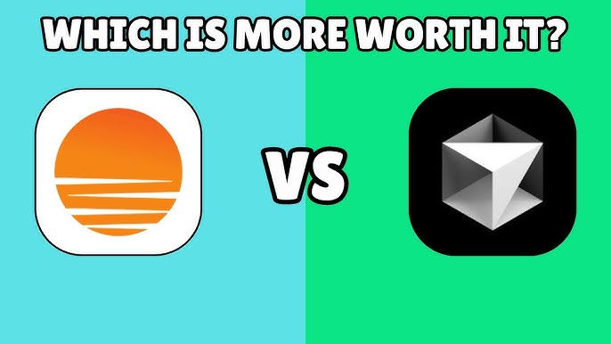 Icons of an orange sunset and a gray prism are shown on a split blue-green background. Text reads "WHICH IS MORE WORTH IT?"