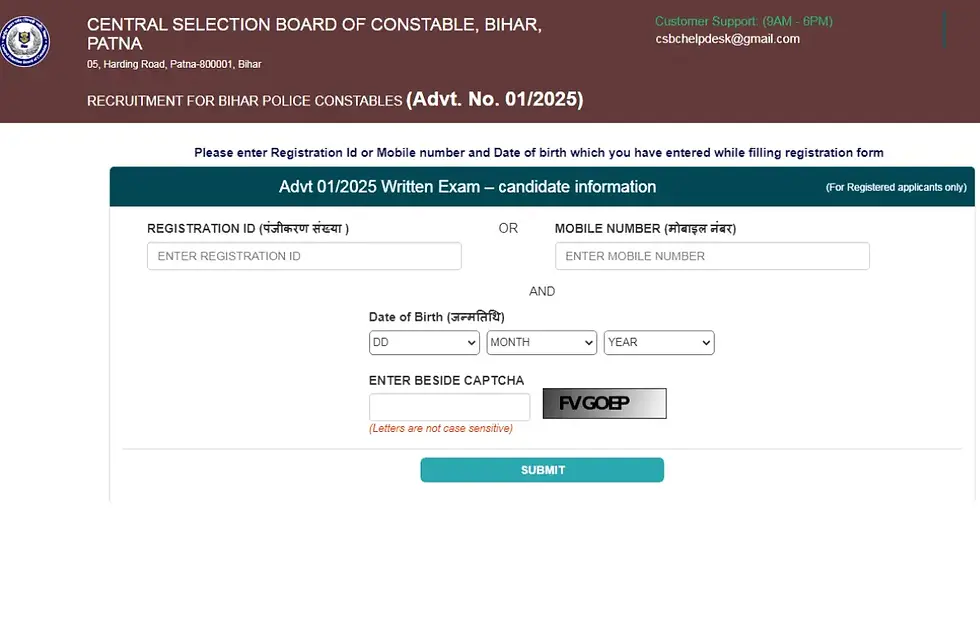 CSBC online form for Bihar Police Constables. Fields for registration, mobile, DOB, and captcha with a "Submit" button. Brown and teal text.