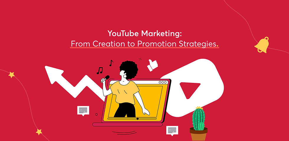 Illustration of a person singing on a laptop screen, with musical notes and a thumbs-up icon. Red background text: YouTube Marketing.