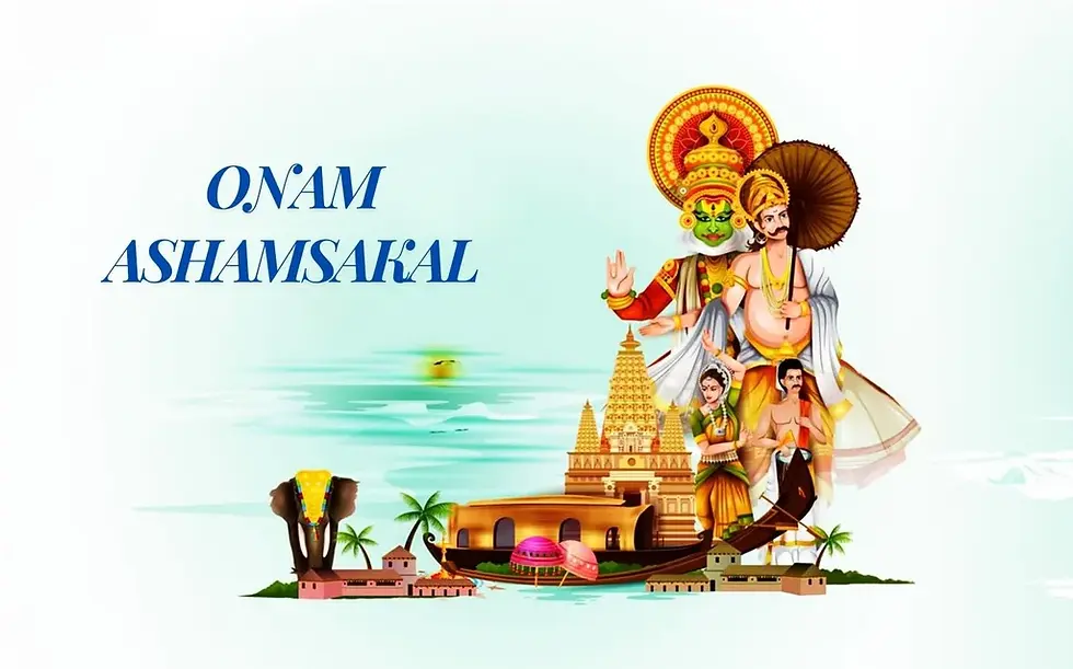 Onam illustration with a deity, a man with a parasol, temple, boat, elephant, and text "ONAM ASHAMSAKAL" on a serene water backdrop.