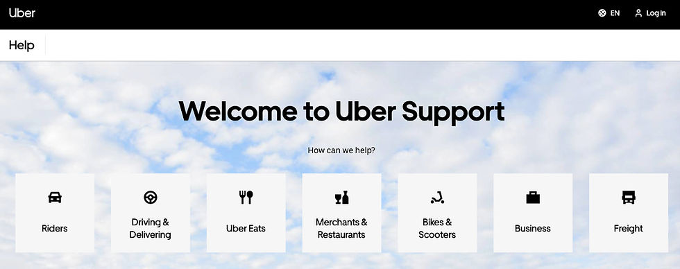 Uber app screen displaying support options, including in-app help, phone numbers for customer service, and live chat for quick assistance.