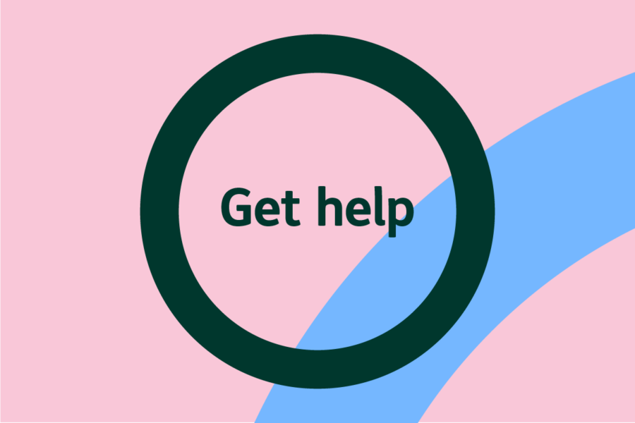 Dark circle with "Get help" text on pastel pink background with blue arc. Simple, encouraging design.