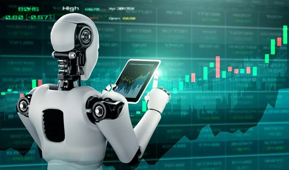 Robot analyzing stock charts on a tablet in front of digital financial graphs. Green and red candlesticks show market trends. Futuristic setting.