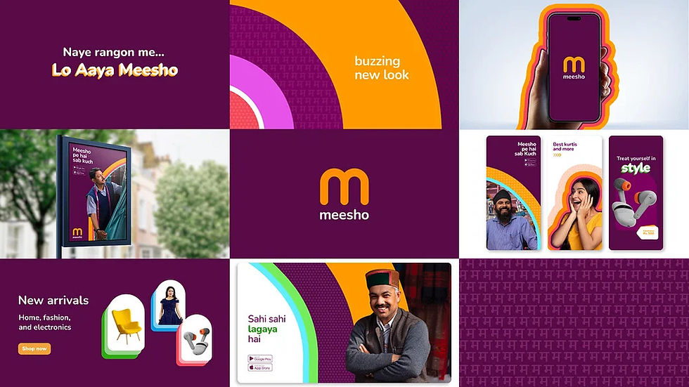 Collage showing Meesho's new vibrant look. Features ads, people smiling, colorful graphics, and text promoting fashion and electronics.
