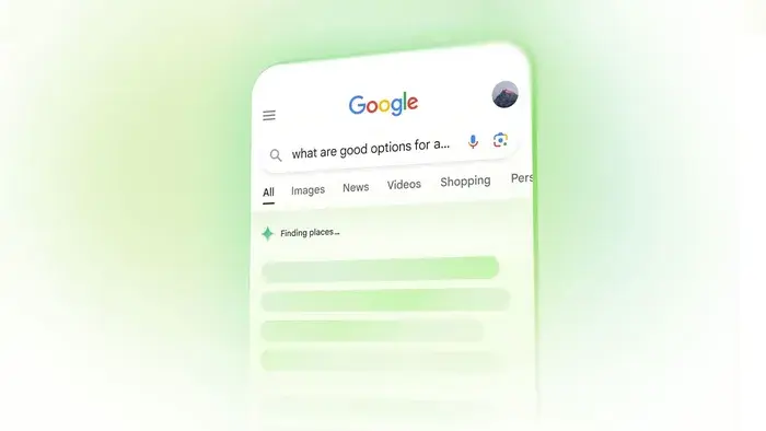 Google search page on a smartphone shows query "what are good options for a..." with green background. Menu tabs and results visible.