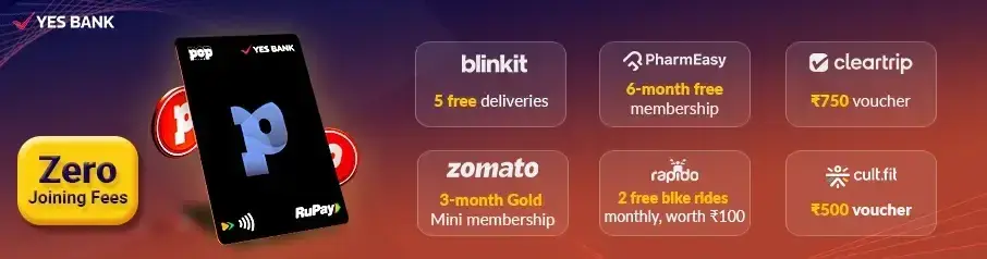 Yes Bank promo image shows benefits of a RuPay card, including free memberships and vouchers. Card on a gradient background, "Zero Joining Fees" text.