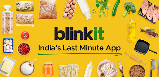 Various groceries and kitchen items surround the "blinkit, India’s Last Minute App" text on a bright yellow background.