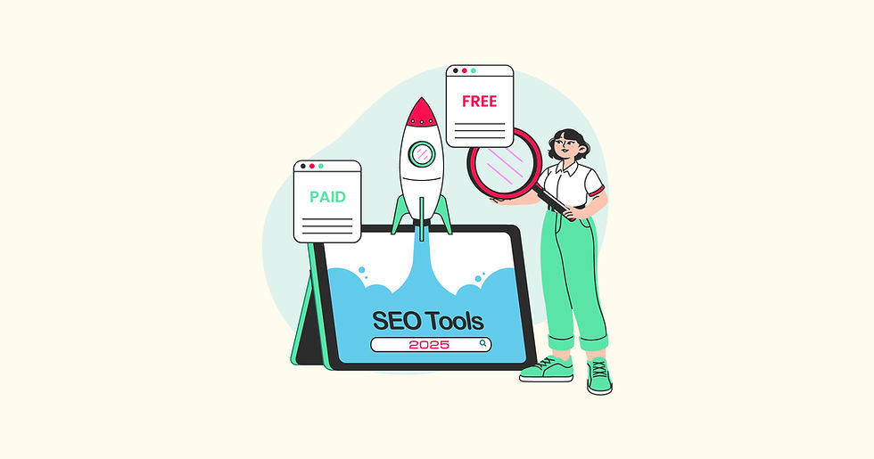 Person holds magnifying glass beside a rocket launching from a laptop with "SEO Tools 2025." Text shows "PAID" and "FREE" on documents.
