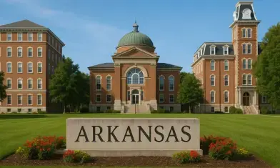 Brick campus buildings with a dome and tower, lush lawns, and a prominent "ARKANSAS" sign in the foreground, under a clear blue sky.