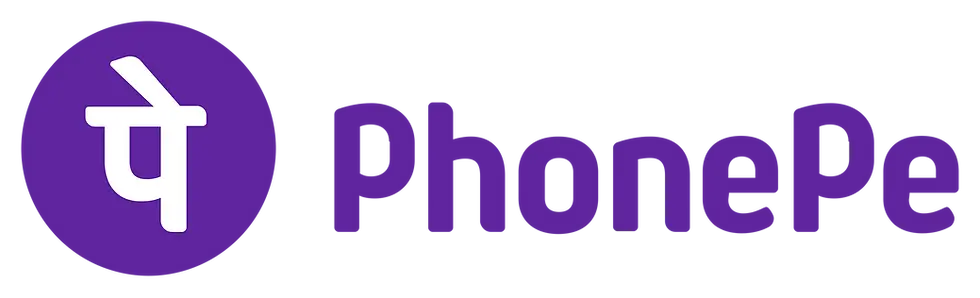 Purple and white PhonePe logo features a circular icon with a stylized Hindi letter. The setting is minimalist with a focus on branding.