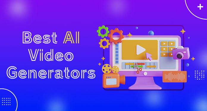 Colorful graphic with a computer screen, camera, and film symbols. Text reads "Best AI Video Generators" on a blue-purple gradient background.