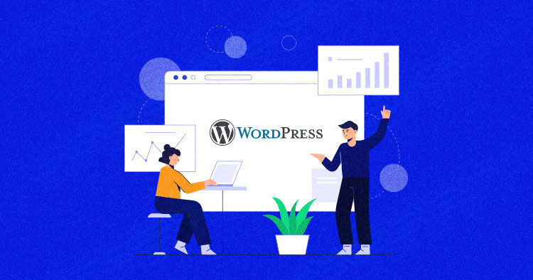 Two people interact with graphs and a laptop against a blue backdrop. The WordPress logo is central. Emphasizes teamwork and analytics.