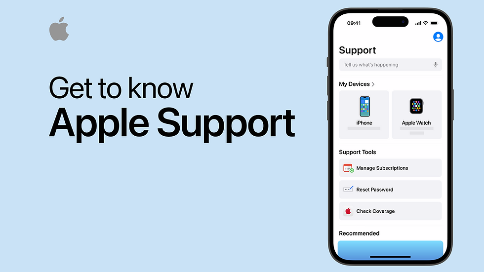 Apple Support promo with an iPhone displaying options for managing devices and support tools. Light blue background with bold black text.