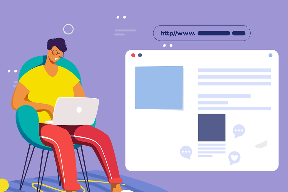 Person in yellow shirt, red pants, using laptop in teal chair. Background shows a large web browser with text and icons on a purple backdrop.