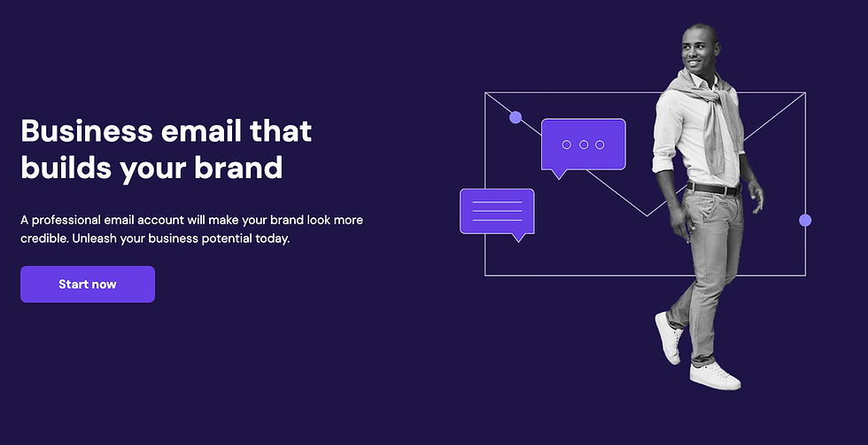 Man in casual attire stands smiling on a dark background with message icons. Text: “Business email that builds your brand.” Button: "Start now."