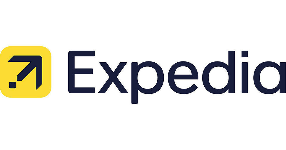 Yellow square with a black arrow pointing up and right next to the word "Expedia" in black, on a white background. Simple and modern.