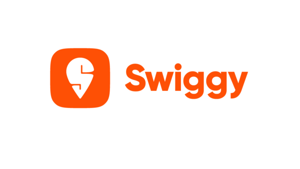 Orange Swiggy logo with a stylized location pin icon on a white background. Bold orange text reads "Swiggy."
