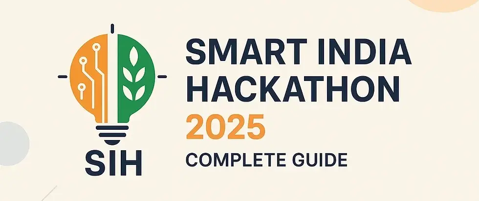 Light bulb logo with circuit and leaf, text "SMART INDIA HACKATHON 2025 COMPLETE GUIDE", bold sans-serif font on a light background.