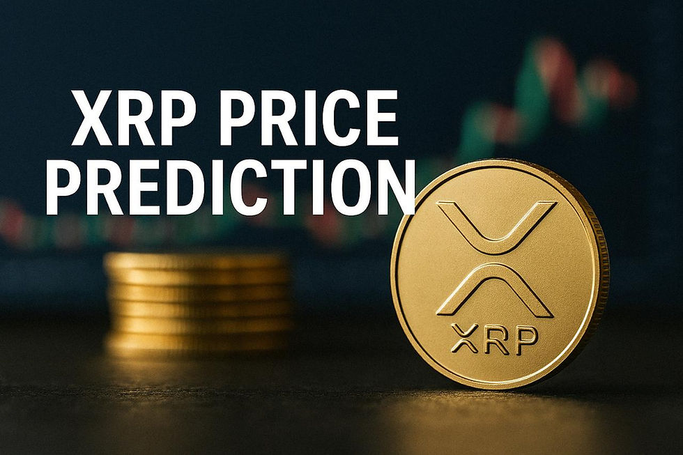 Gold XRP coin beside stacked coins, with "XRP Price Prediction" text above. Blurred market graph background, suggesting financial focus.