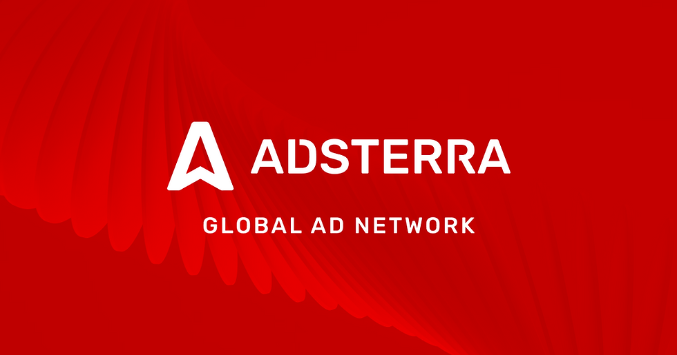 Red background with white text reading "ADSTERRA" and "GLOBAL AD NETWORK" beside a stylized "A" logo. Dynamic wave pattern adds depth.