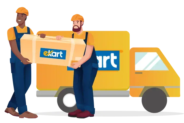 Two delivery workers in yellow and blue uniforms carry a large box labeled "eKart" in front of a yellow delivery truck. They appear focused.