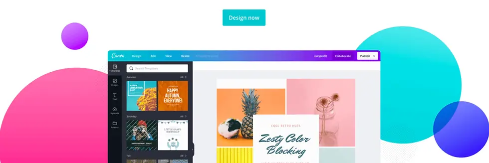 Canva design interface with "Design now" button, colorful templates, and a sidebar. Colors include pink, blue, and teal. Mood is creative.