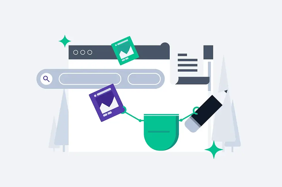 Abstract illustration of a web search bar with floating image icons, a pen, and a green shield symbol. Background features trees and sparkles.