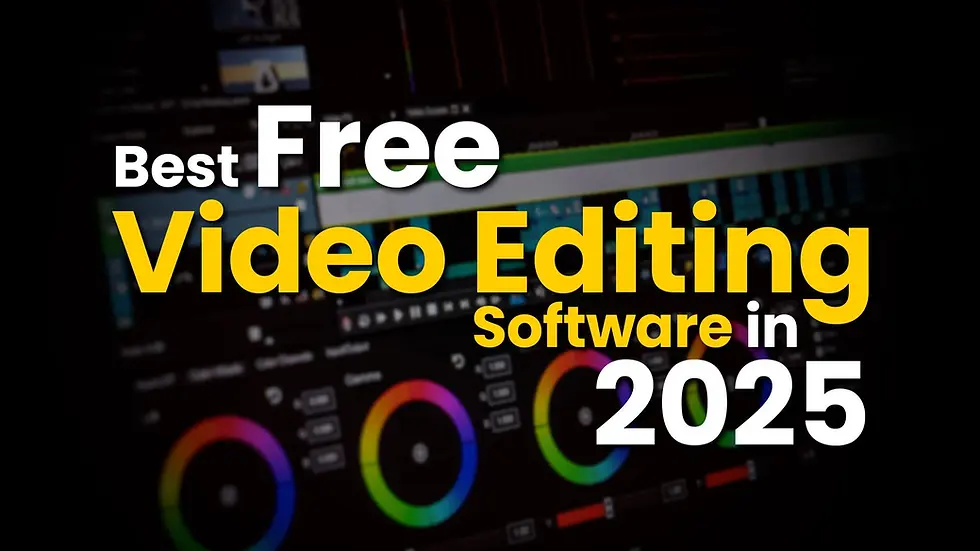 Text "Best Free Video Editing Software in 2025" over a blurred editing software interface with colorful dials and a dark background.