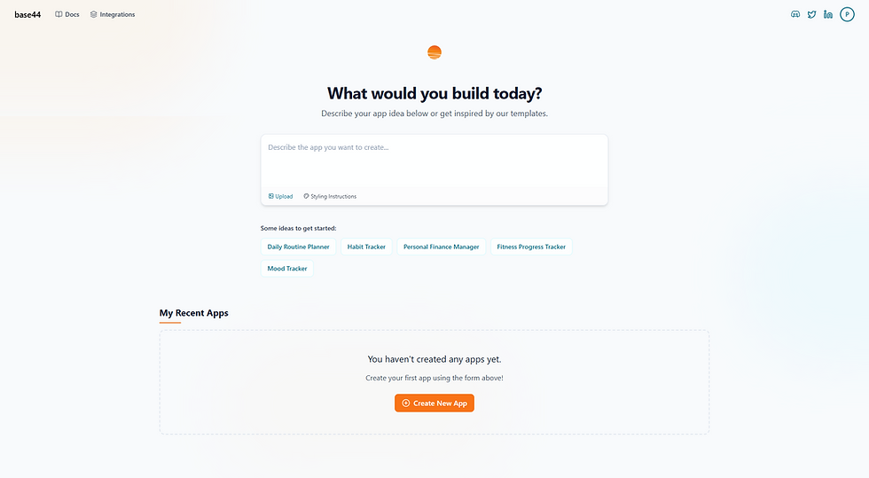 Web page with a form titled "What would you build today?" Includes app ideas like "Mood Tracker" and a "Create New App" button. Simple design.
