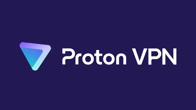 Gradient triangle logo and "Proton VPN" text on a dark purple background, conveying a sleek and modern tech aesthetic.