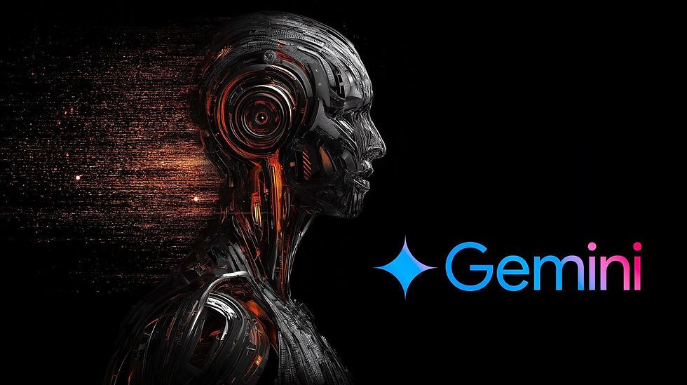 Futuristic humanoid with glowing circuits on black background. Text "Gemini" in blue and pink. Energetic, high-tech vibe.