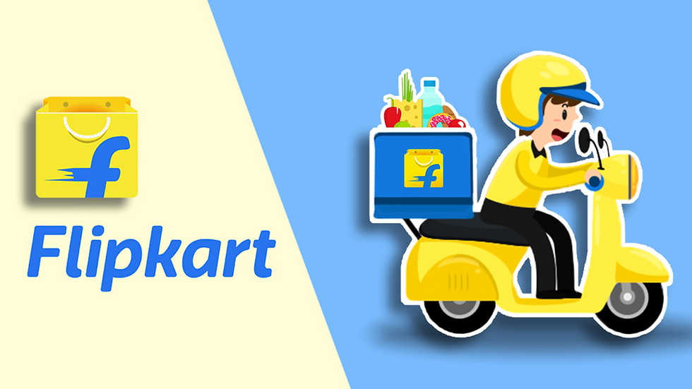 Yellow scooter delivery with groceries, rider wearing a helmet, Flipkart logo on blue box. "Flipkart" text and logo on the left.