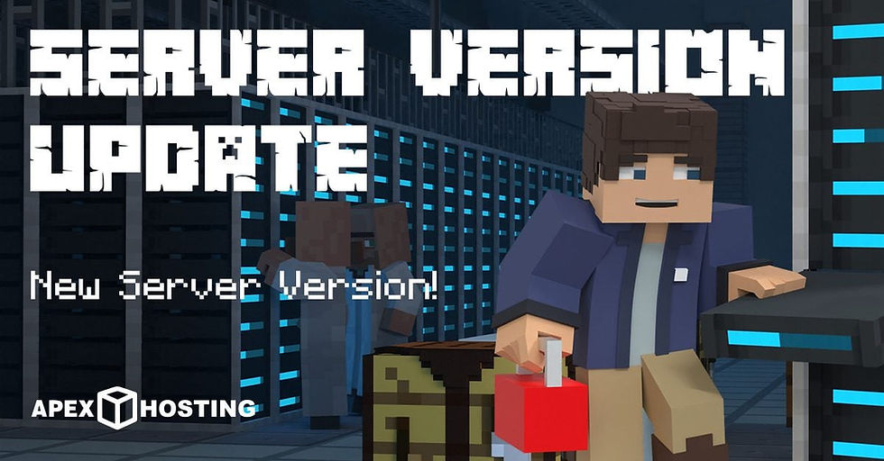 Minecraft character in a server room holds a red toolbox. Text: "SERVER VERSION UPDATE. New Server Version!" Mood: tech-focused.