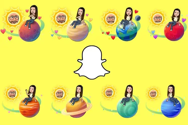 Cartoon figure on planets with smiling suns, hearts, and emojis. Bright yellow background with Snapchat logo in center. Playful and cheerful mood.