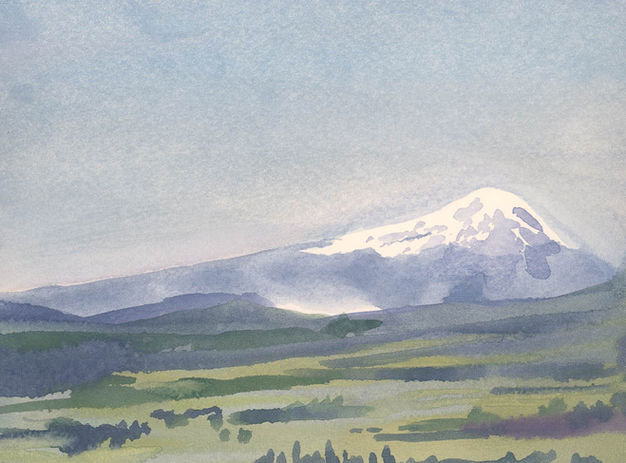 watercolor painting of a mountain, with fields in the foreground - as viewed when landing in a small plane!