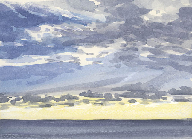watercolor painting of Pacific Ocean, as viewed from the air at dusk