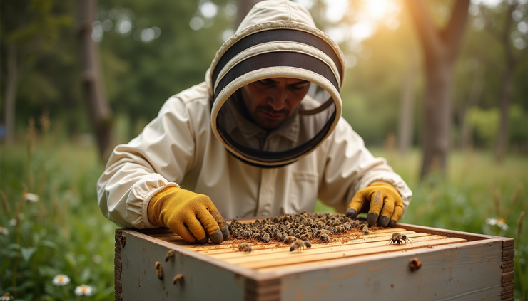 Eye-level view of a beekeeper inspecting a healthy honeybee hive in a garden