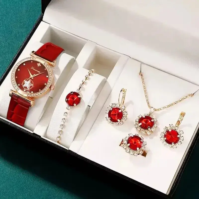 Thumbnail: 6-piece set of green luxury quartz watches for women, rings, necklaces, earrings