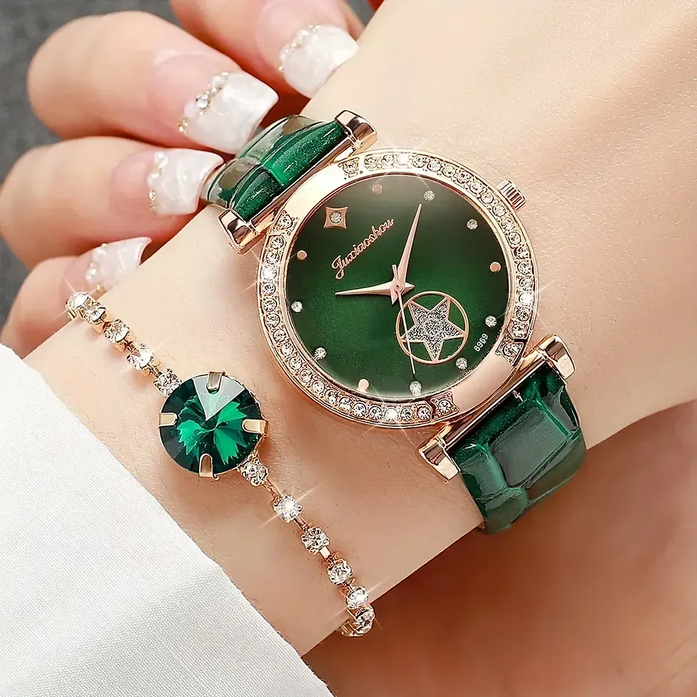 Thumbnail: 6-piece set of green luxury quartz watches for women, rings, necklaces, earrings