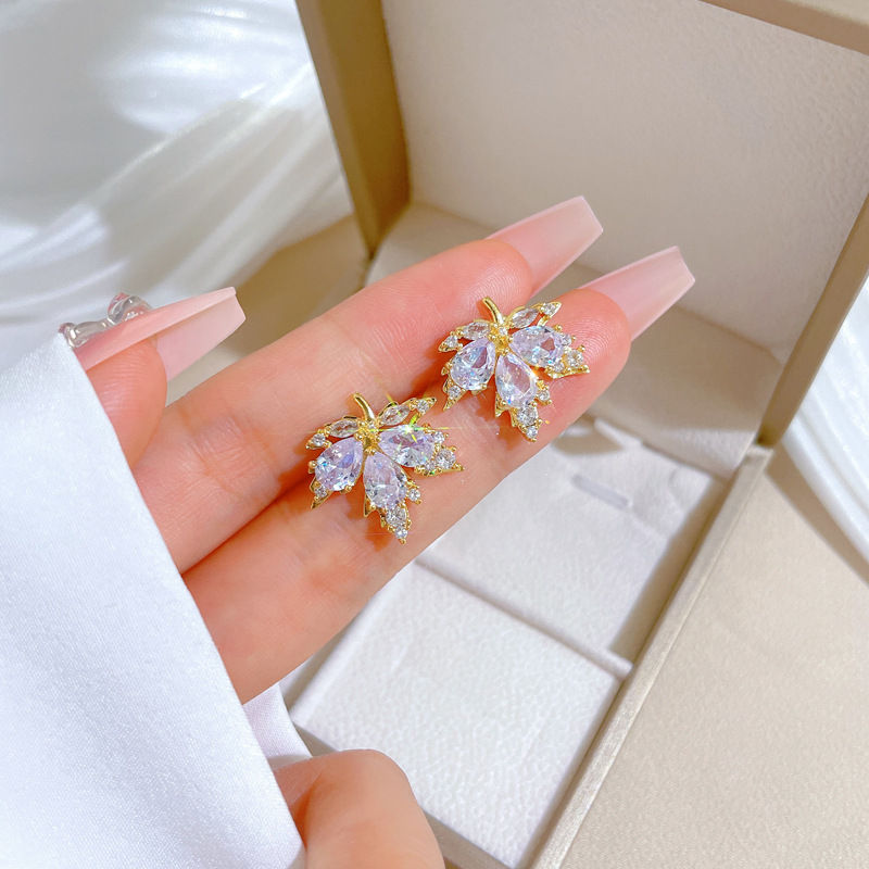 Thumbnail: Temperament Crystal Maple Leaf Pendant Necklace Earrings for Women Charm Gold Co