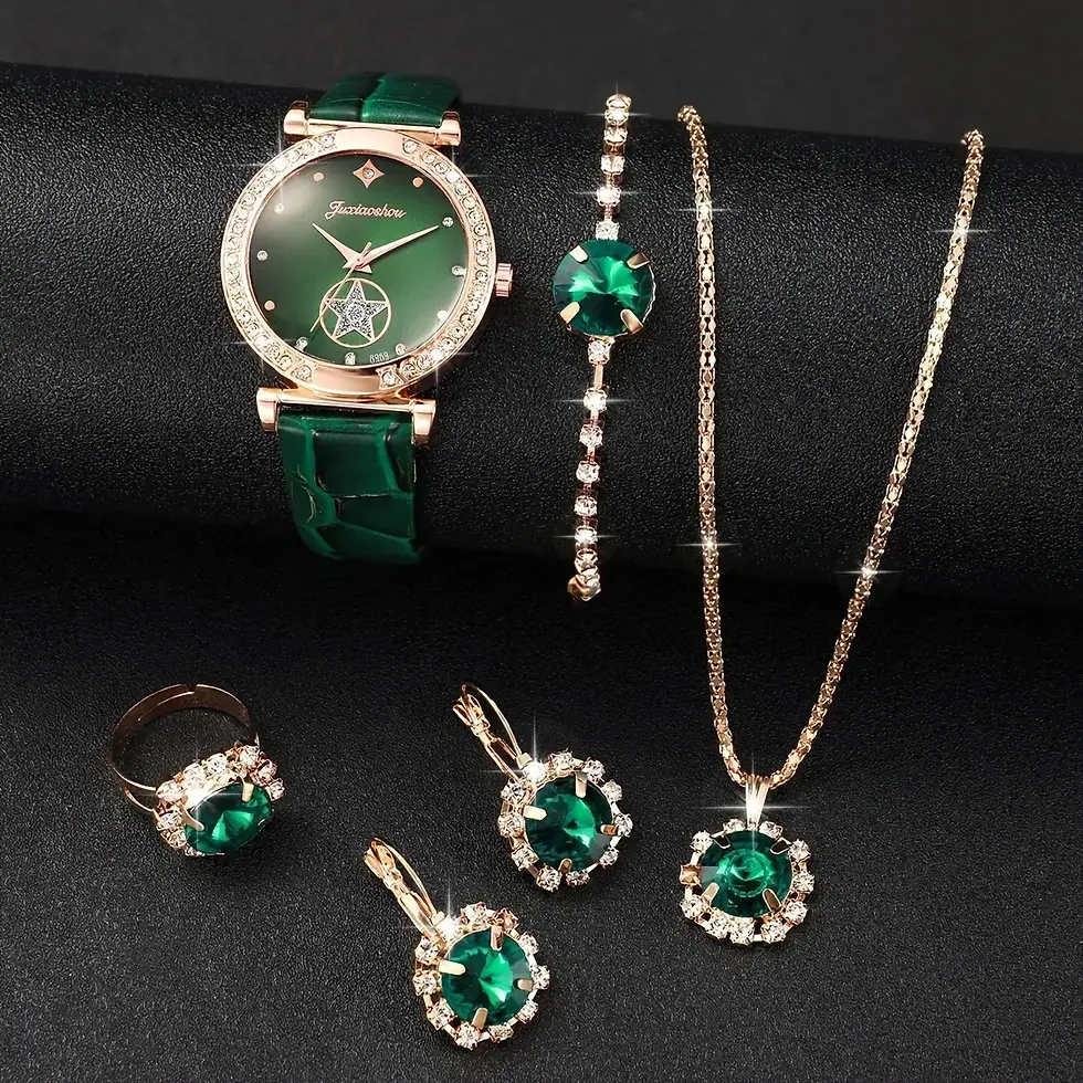 Thumbnail: 6-piece set of green luxury quartz watches for women, rings, necklaces, earrings