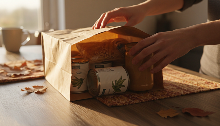 Close-up of hands placing canned food into a paper grocery bag.