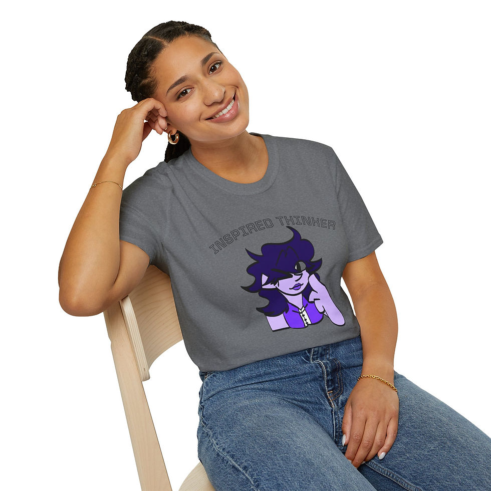 Model sitting in chair wearing heathered grey Inspired Thinker t-shirt