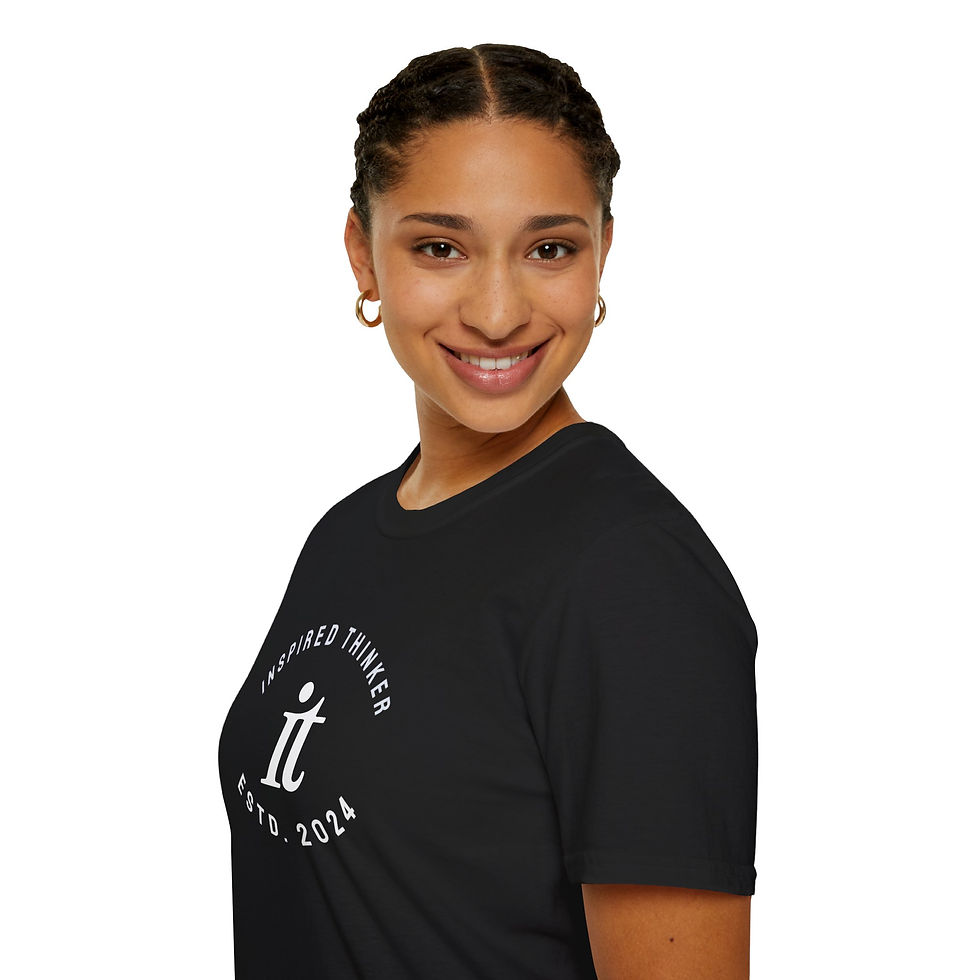 Woman in black shirt angled front; flat black shirt mockup with logo