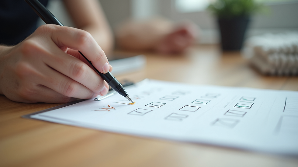 Close-up view of a cleaning checklist and a pen on a wooden table