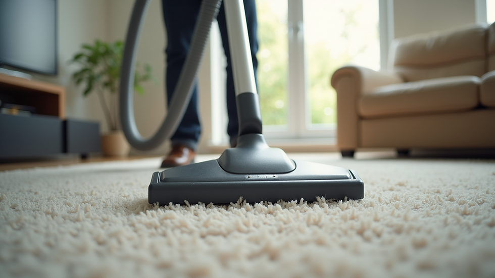 Eye-level view of a professional cleaner vacuuming a living room carpet