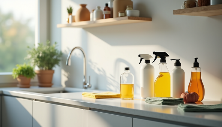 Eye-level view of various cleaning products arranged neatly on a kitchen countertop